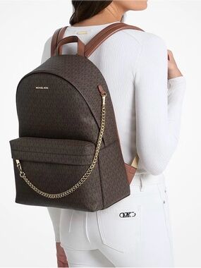 Michael Kors Brown Large Backpack with Gold Chain Detail